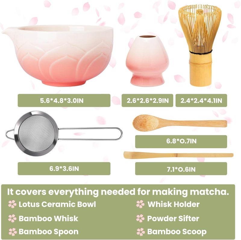 RANERANE Matcha Whisk Set, Lotus Gradient Pink Ceramic Matcha Set Includes Matcha Bowl, Matcha Whisk (Chasen) and Holder, Sifter, Bamboo Scoop & Spoon - 6 Pcs Matcha Kit for Matcha Lovers - Image 2